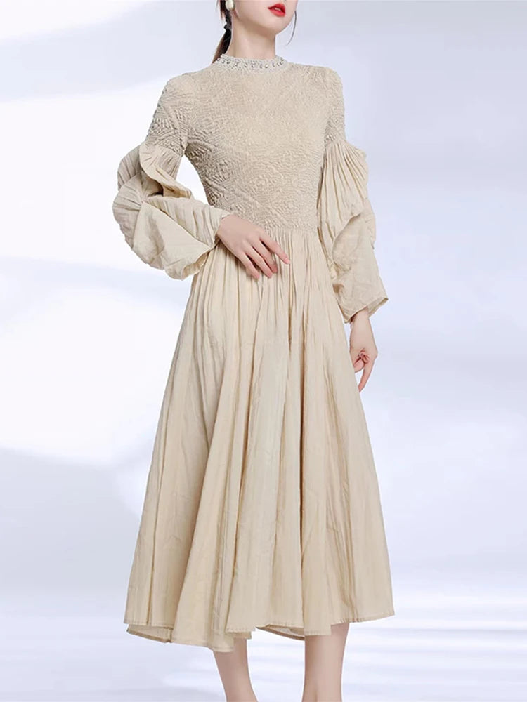 Pleated Round Collar Beading Dress Women Elegant Evening Party Fashion A Line Irregular Full Sleeve Medium Long