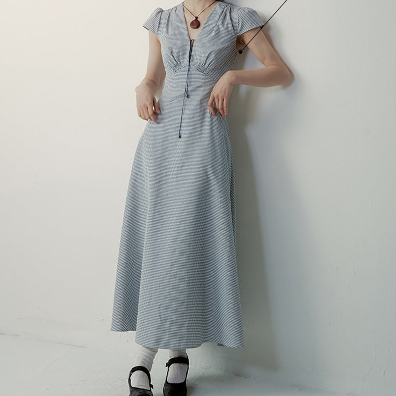 Type of clothing  Classic Vichy Check Cotton High-Waisted V-Neck Dress with Proportional Fit