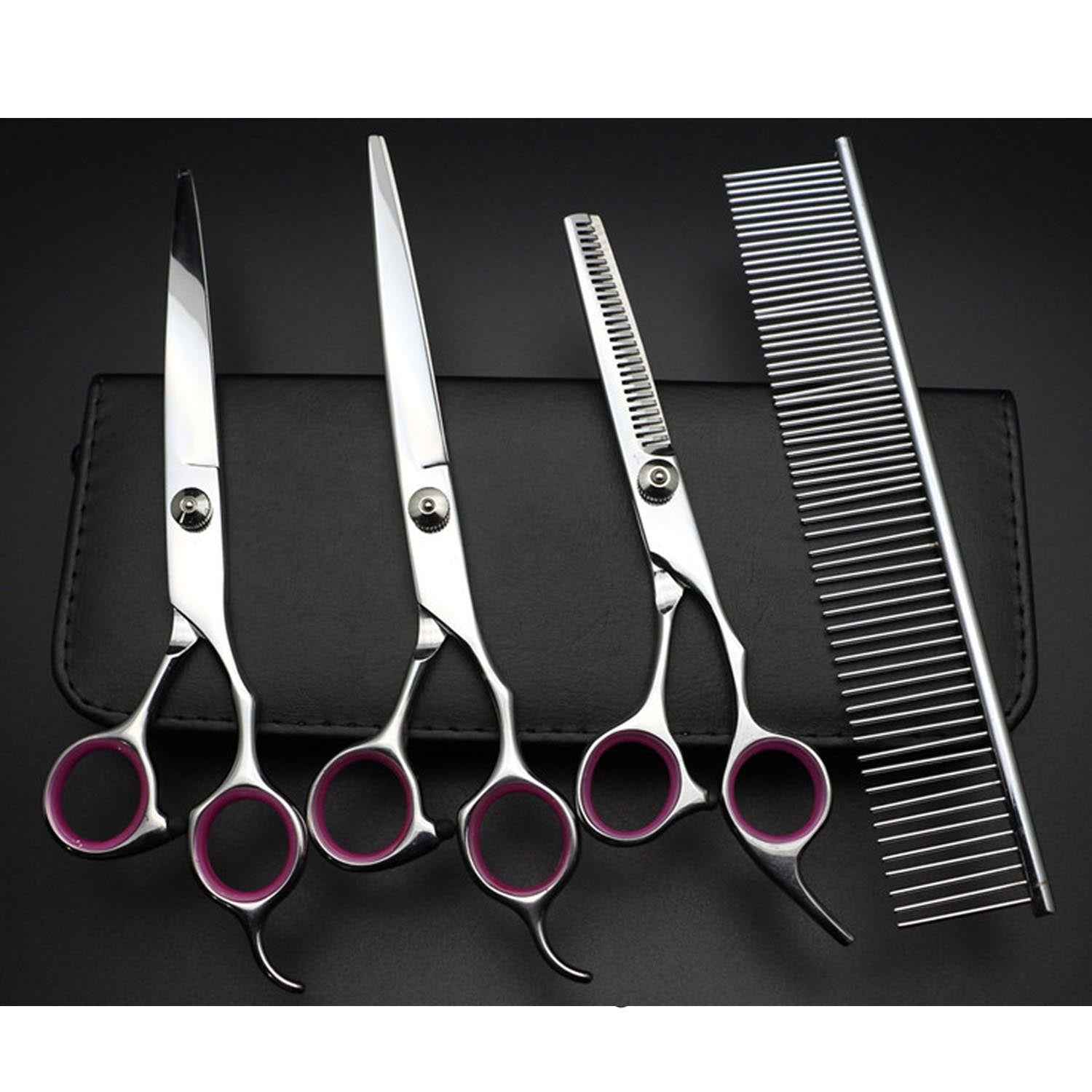 Behogar 5pcs Pet Dog Grooming Hair Comb Thinning Scissors Shears Straight Curved Animals Cutting Scissors Tool Kit w/Storage Bag