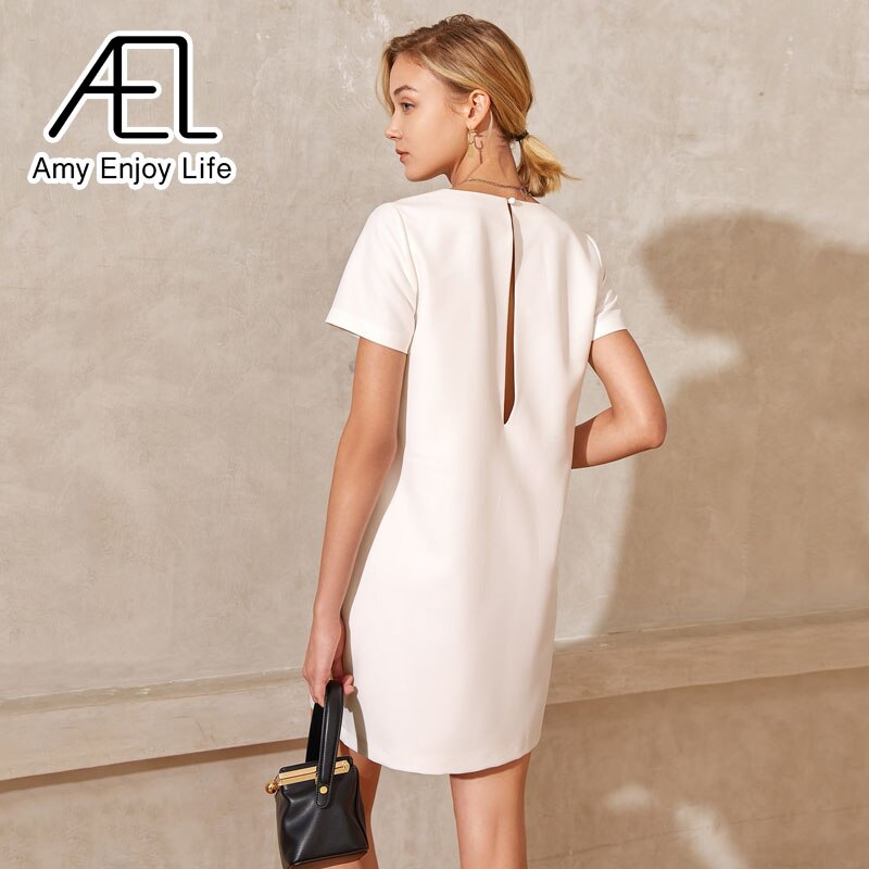 AEL Summer Minidress Women Shirt Dress Fashion Casual Clothes V Neck Short Sleeve Sundress White Simple Style