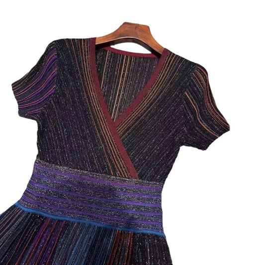 Nanyou Summer Gradient Color Striped Long Skirt Temperament Commuting Pleated Skirt Waist Knitted Elastic Dress