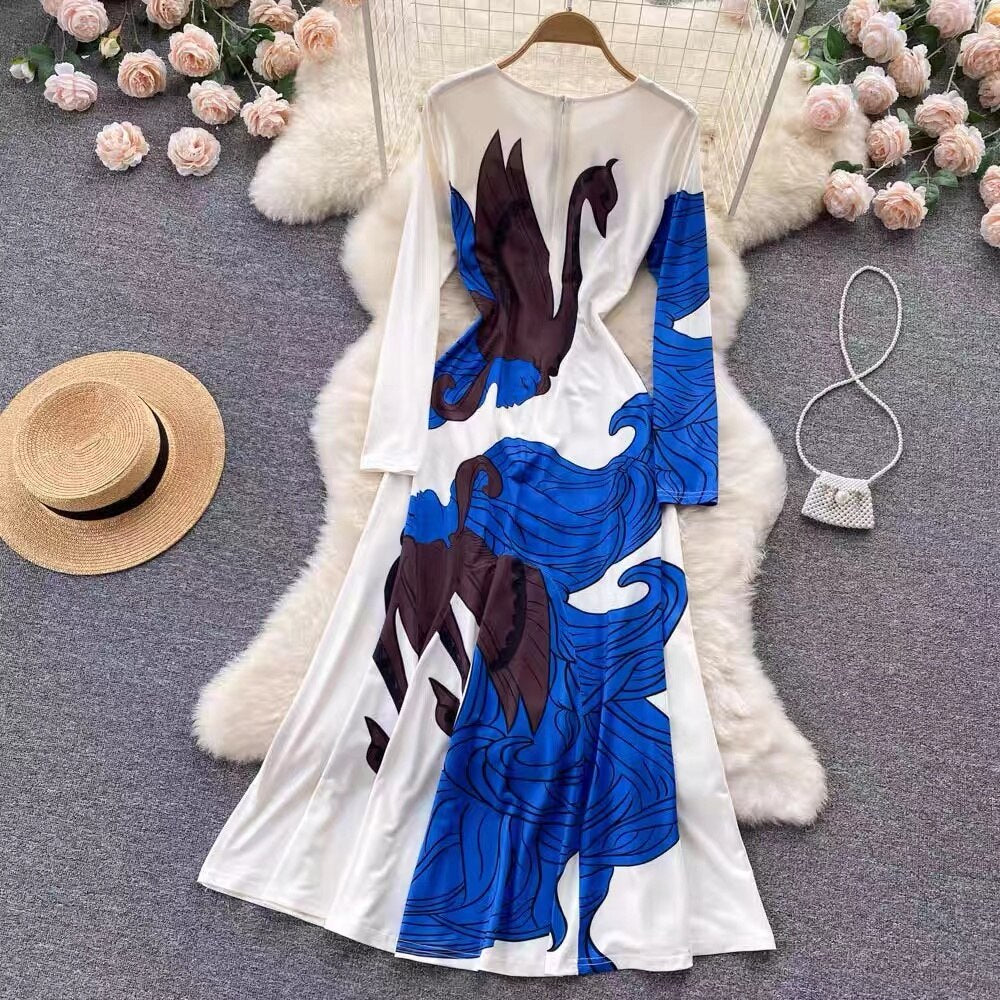 Runway Dress Women O-Neck Long Sleeve High Street Floral Printed Designer A-Line Midi Dresses Traf Clothes