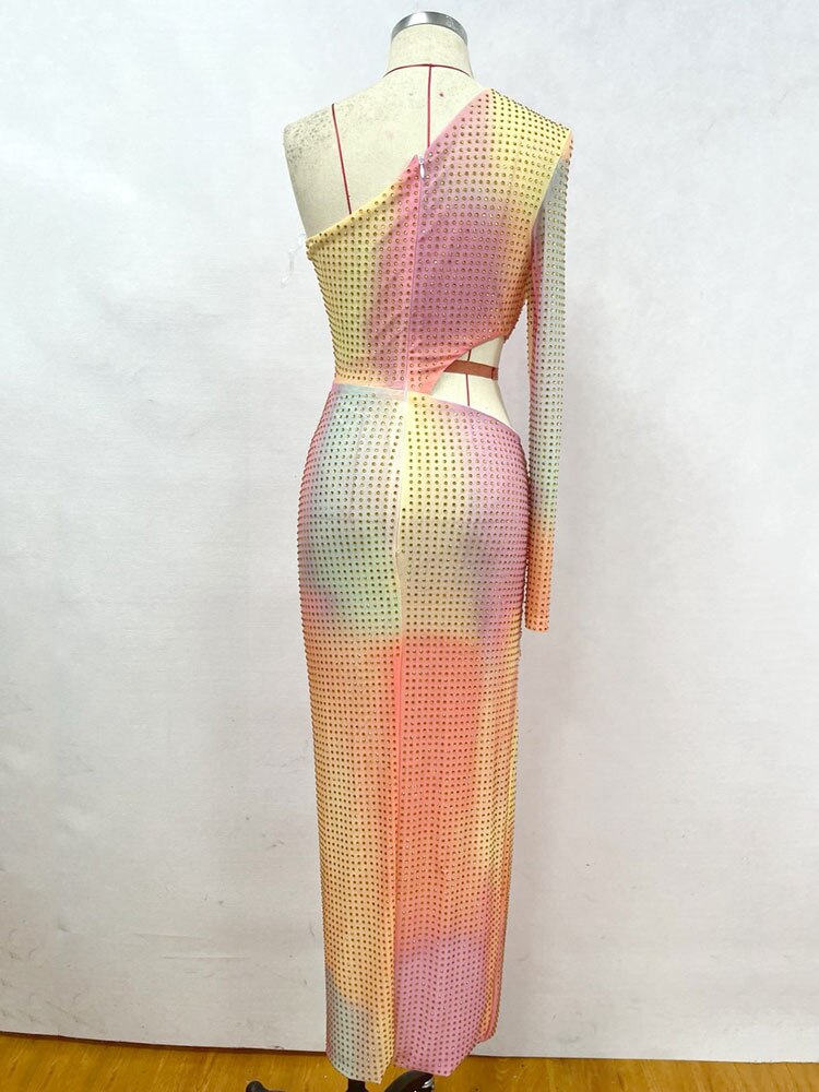 Sexy One Shoulder Sleeve Color Block Rhinestone Bodycon Dress Hollow Draped Split Mid length Dress Cocktail Party Vestidos