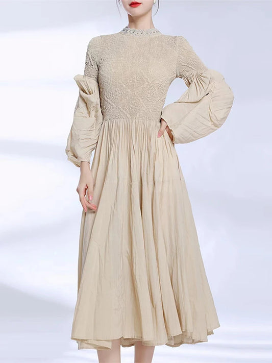 Pleated Round Collar Beading Dress Women Elegant Evening Party Fashion A Line Irregular Full Sleeve Medium Long