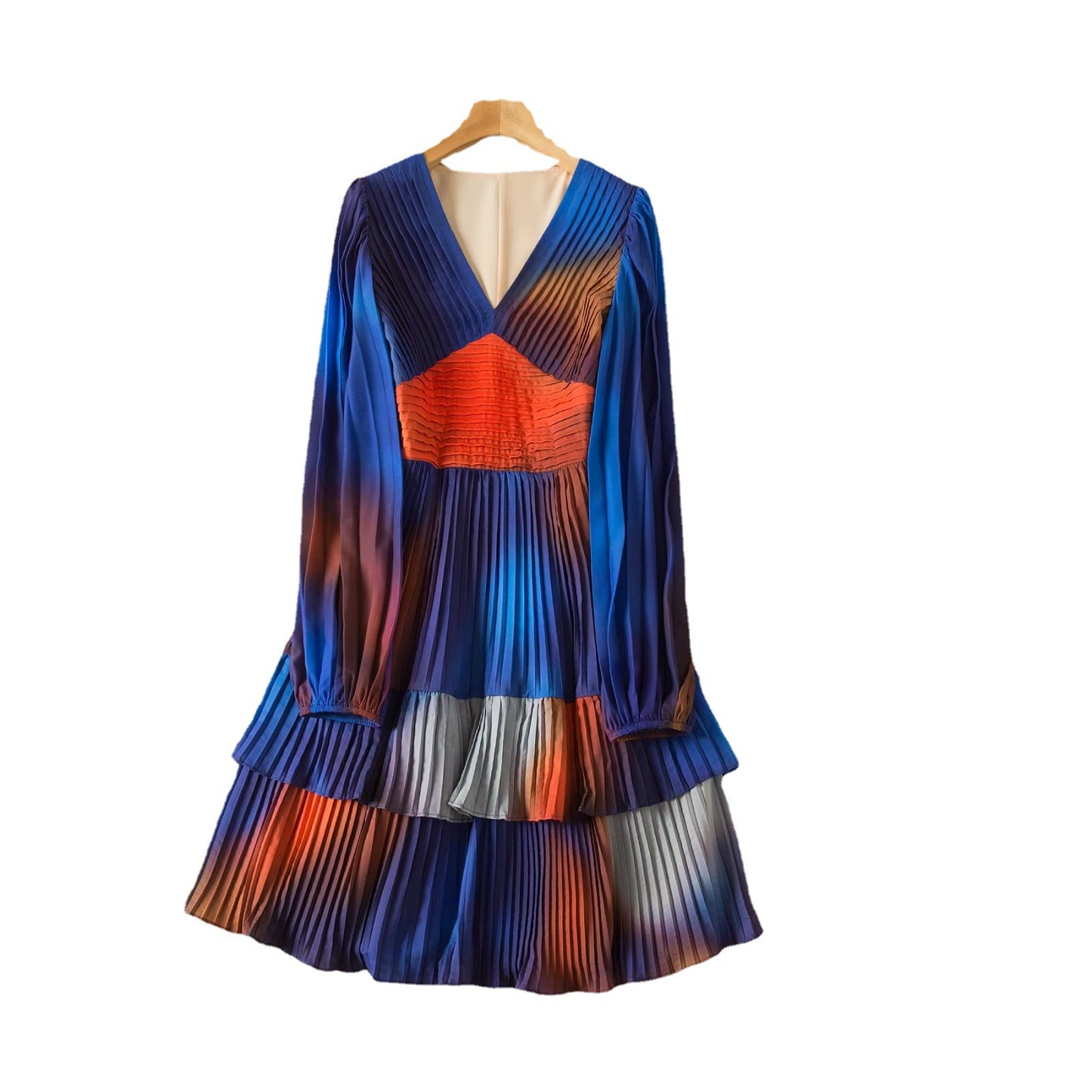 Women's Skirts V-Neck Pleated Gradient Print Long Sleeve Ruffle Dress