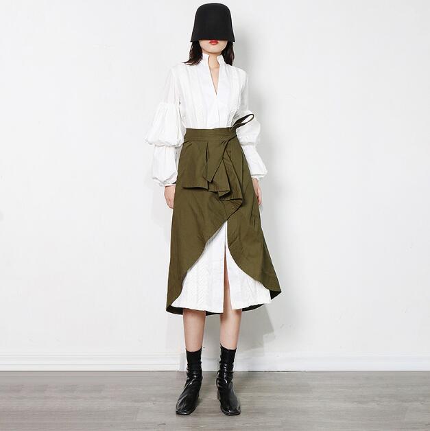 Gentle Style Autumn Two-Piece Suit Pure Color Simple Long Shirt Skirt + Army Green Wrap Skirt