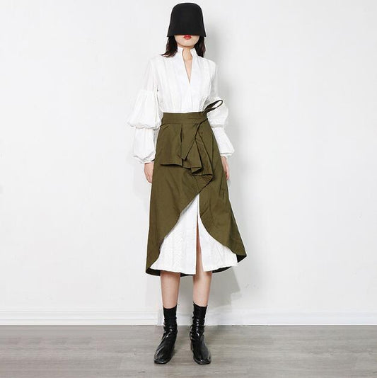 Gentle Style Autumn Two-Piece Suit Pure Color Simple Long Shirt Skirt + Army Green Wrap Skirt