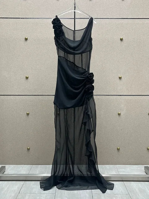 Summer New Sleeveless See Through 3D Flower Long Dress Women Ruffles Slim Maxi Sexy Dresses Party Runway Gowns