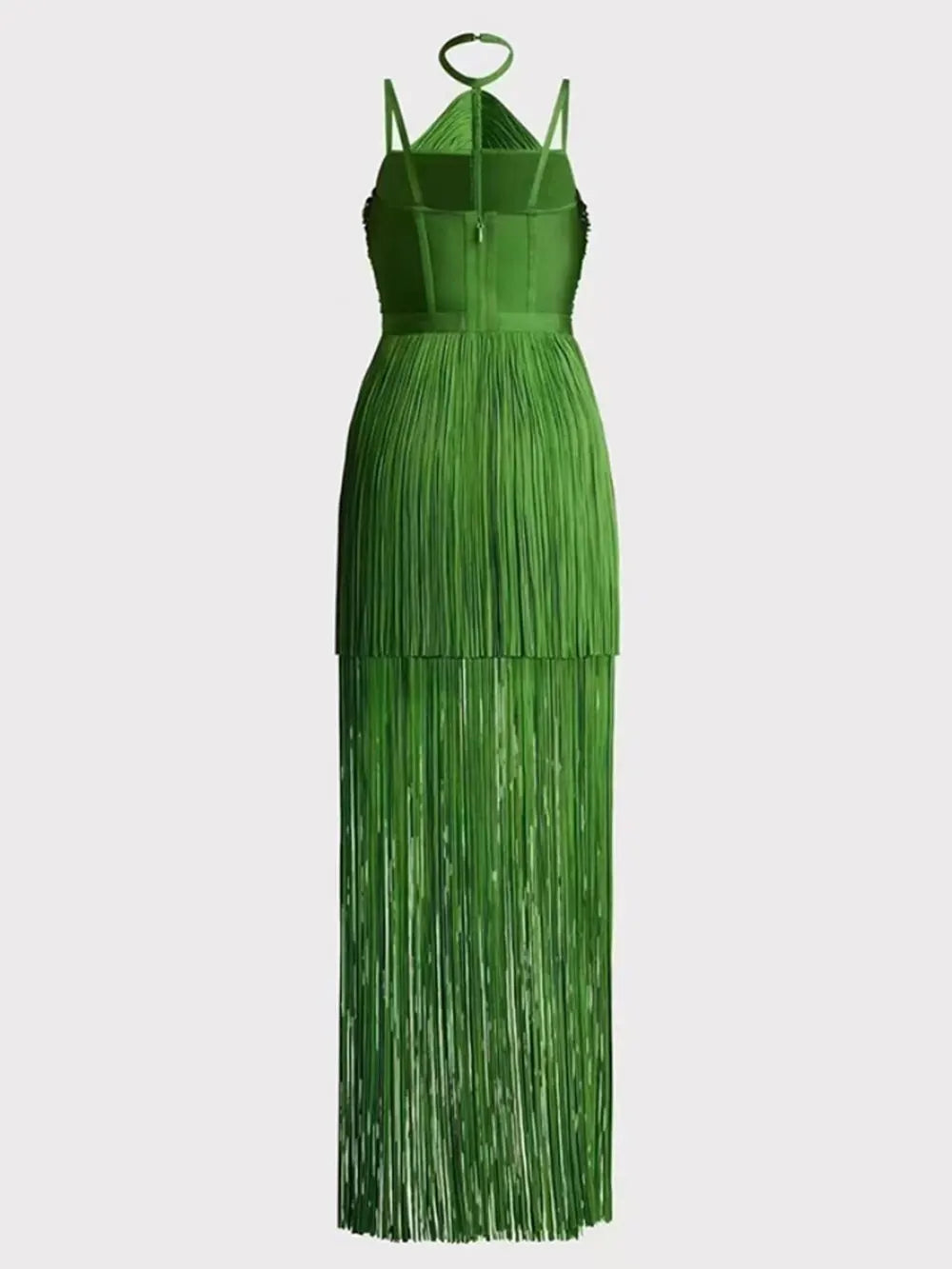 Green neckline suspender long skirt with tassel at the hem evening party dress