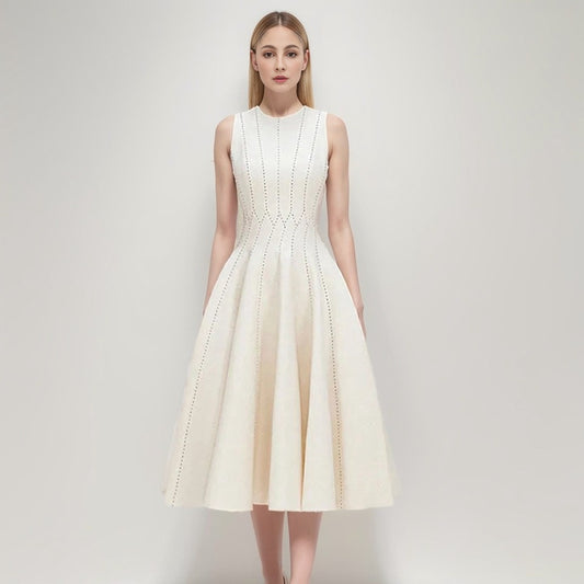 French high-end three-dimensional voluminous waist cinched long skirt with striped temperament slimming sleeveless dress