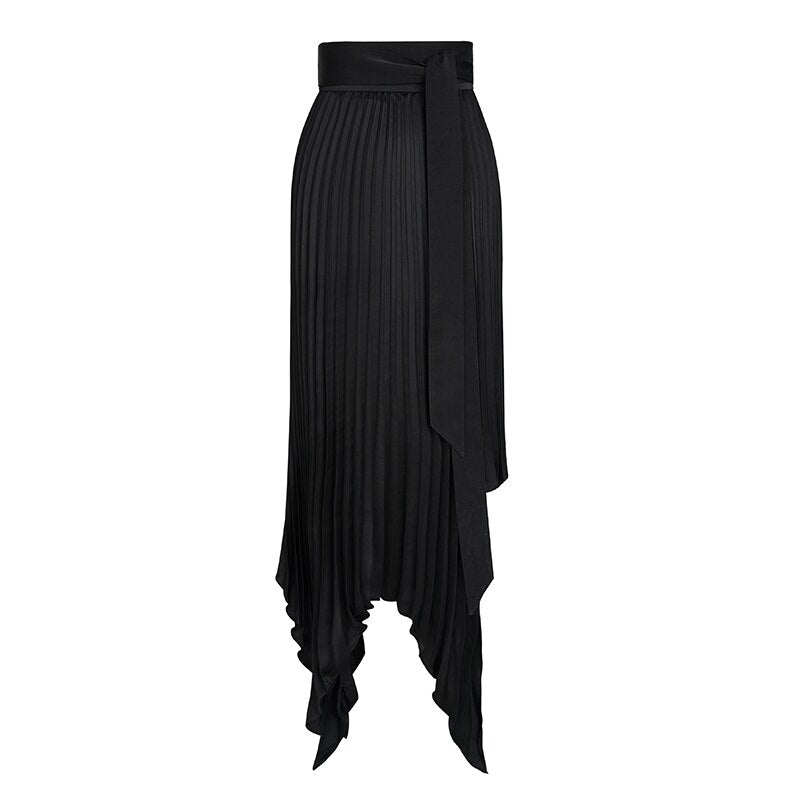 AEL Winter Long Pleated Skirts Satin Asymmetry A-Line Sweet Korean High Waist With Belt Women's Streetwear