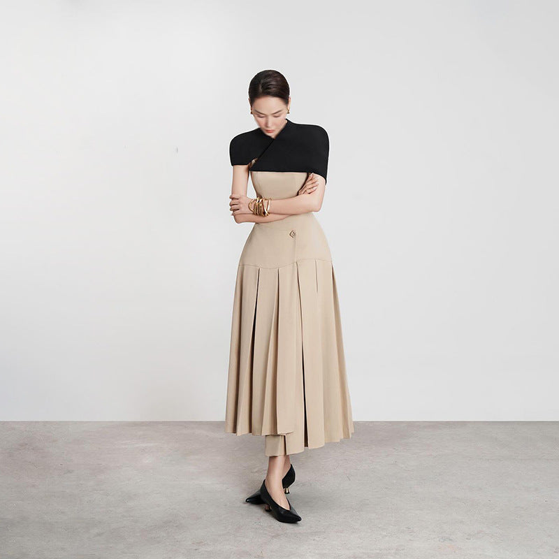 French Elegance Royal Style Long Dress Shoulder Cape Sleeveless Design Waist-Cinching Irregular Hem Women's Dress - CIANARA