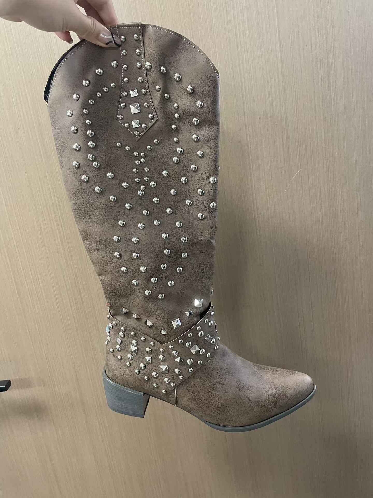 Riveted long boots thick heel middle heel riveted high heeled women's boots