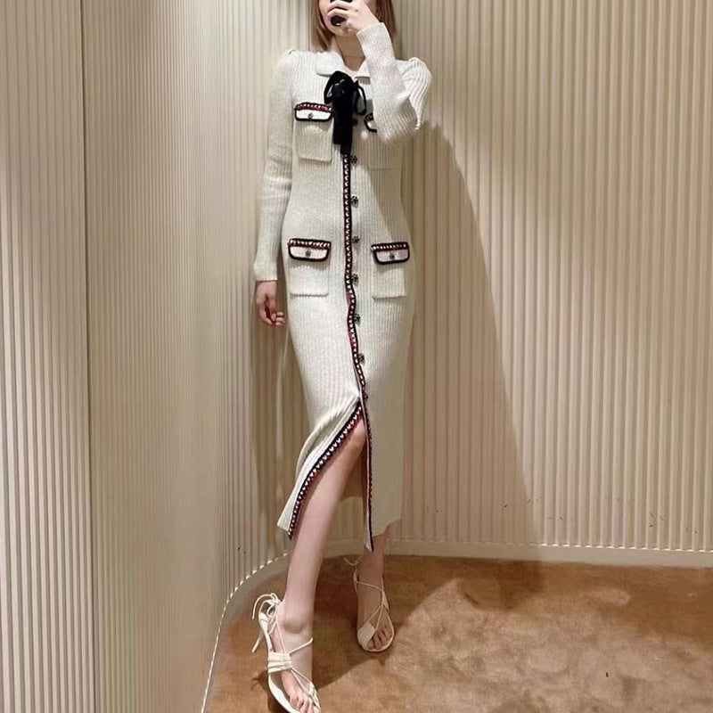 Lace-Up Crystal Breast Lapel Long Sleeve Knitted Long Slim Fit Solid Color Dress