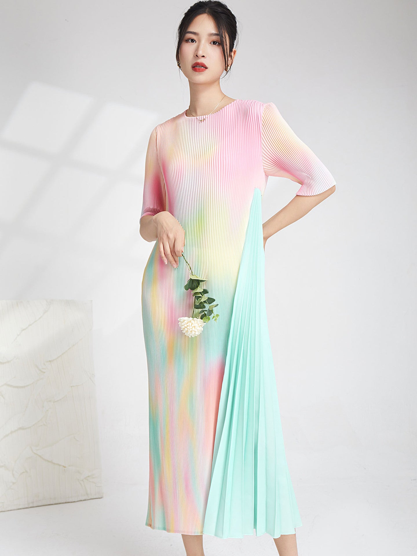 Gradient Patchwork Pleated Dress For Women O-neck Half Sleeves Irregular Dresses Female Clothes