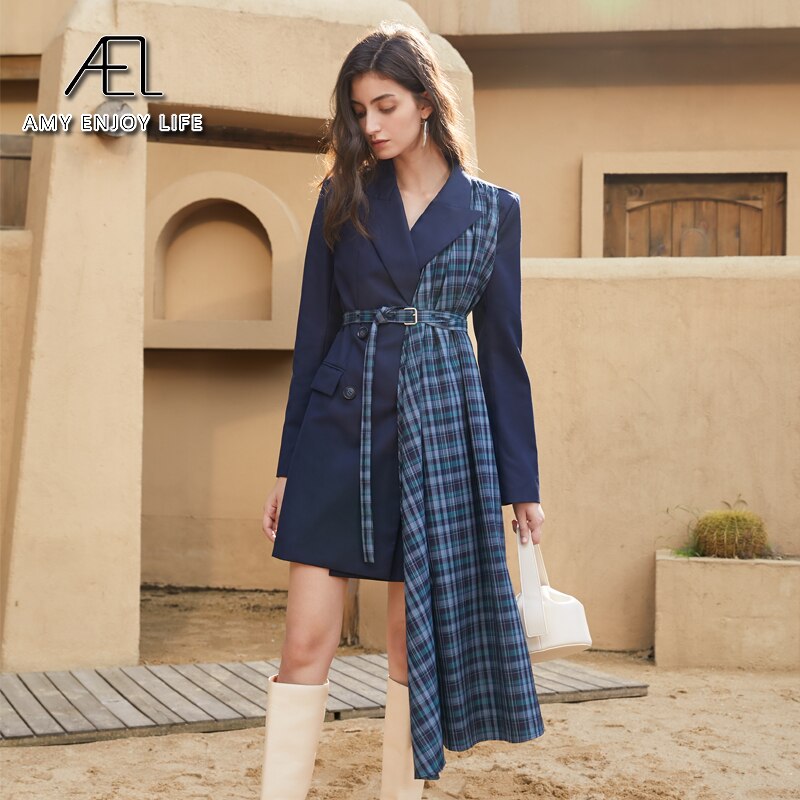 Autumn And Winter Slimming Waistband Splicing A-Line Dress Female New V-Neck Suit Skirt