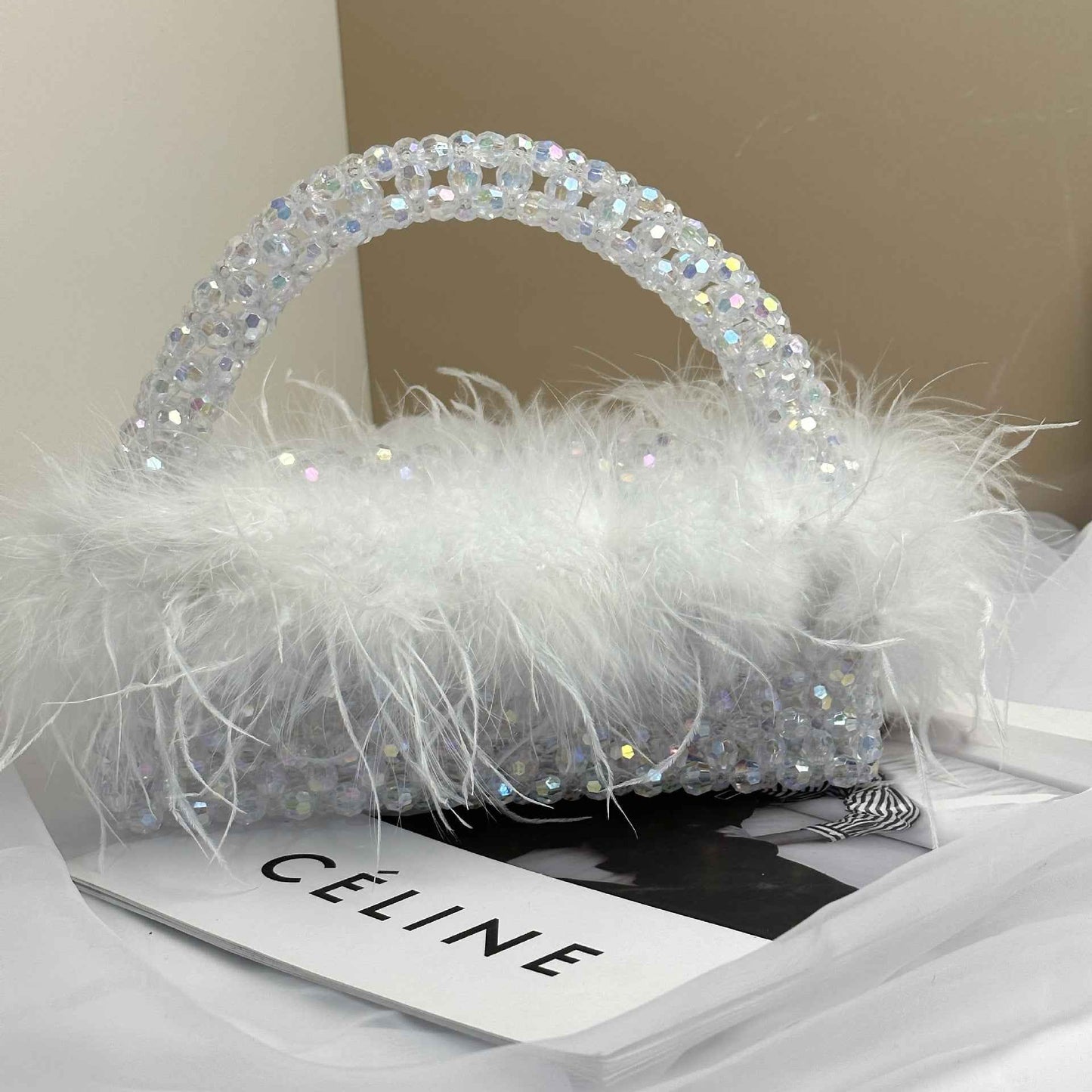 Pearl bead bag with Ostrich feather fur designer brand Clear Acrylic crystal stone box tote handbag women handmade party purse
