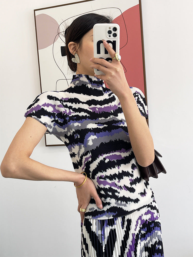 Printing Pleated Set Women Summer Elastic Slimming Stand Collar Short Sleeve T-shirt Top Long Skirt Fashion