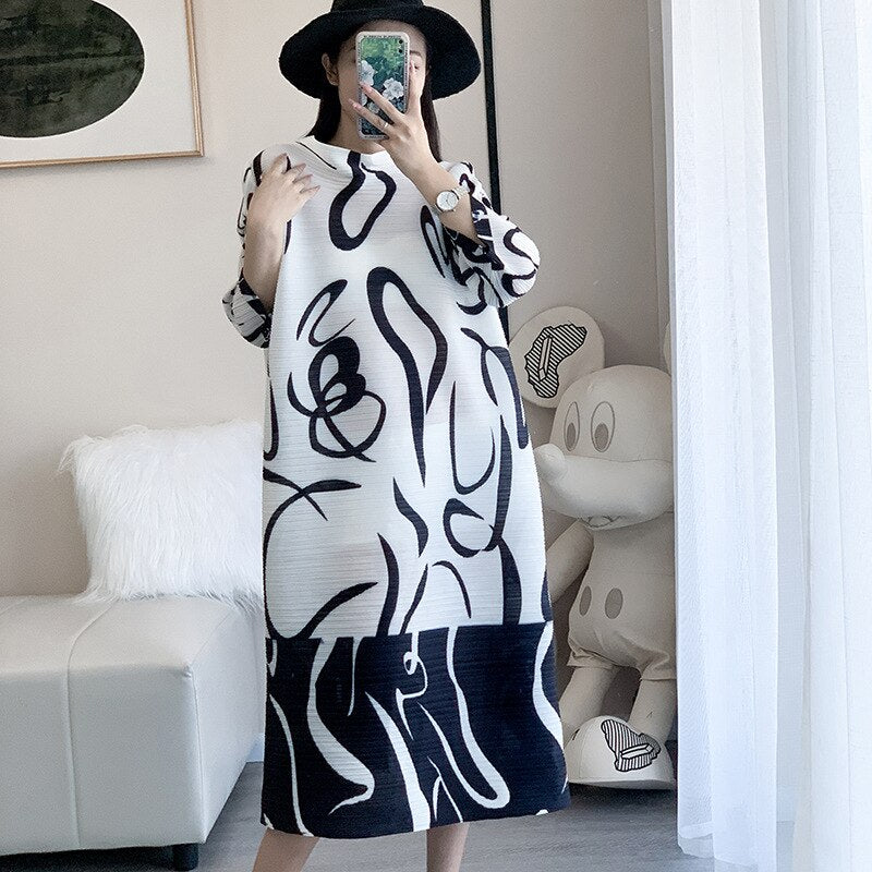 Miyake Pleated Spring New Women's French Fashion Print Dress Loose And Thin Belly-Covering Long Skirt
