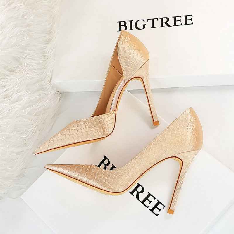 Thin heeled super high heels with shallow side hollow snake pattern silk high heels for women