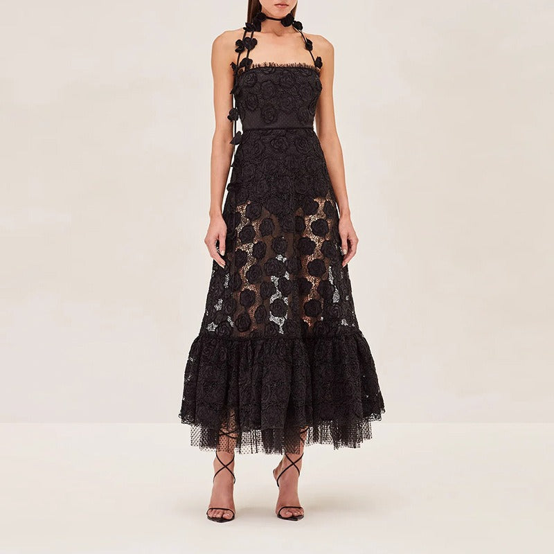 3D Flower Hanging Neck Embroidered High Waist Dress for Women
