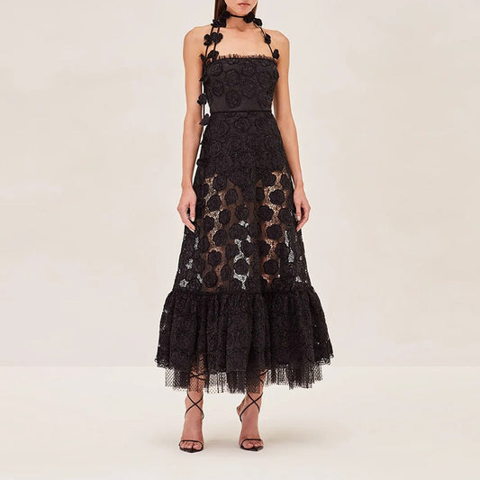 3D Flower Hanging Neck Embroidered High Waist Dress for Women