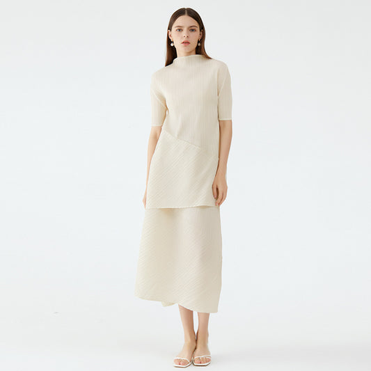 Spring new Korean style solid color pleated women's mid-length top irregular skirt clothing two-piece suit