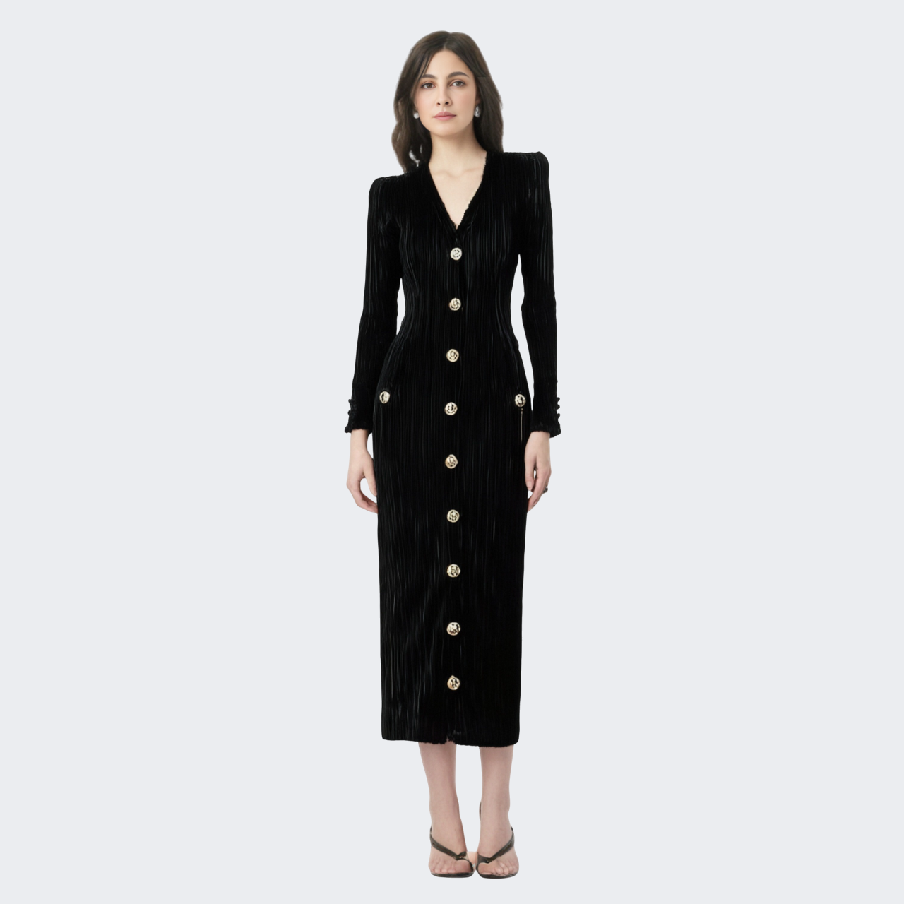 New Fashion Temperament Socialite Style Velvet Long Sleeve Slim V-neck Button Dress Back Zipper Skirt