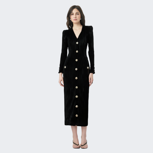 New Fashion Temperament Socialite Style Velvet Long Sleeve Slim V-neck Button Dress Back Zipper Skirt
