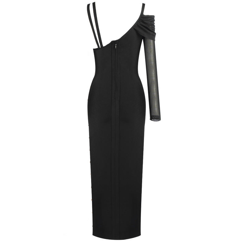 Sexy slim fitting bandage dress mid length dress hollowed out pin metal independent design elegant