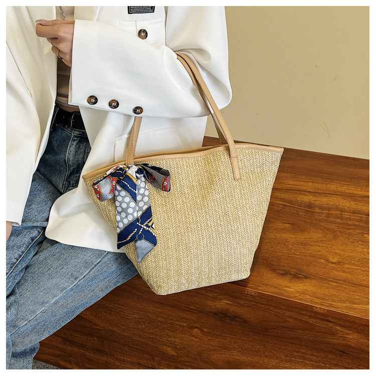 Summer Hand Held Large Capacity Straw Bag Retro Silk Scarf Woven Bag Beach Tote Bag One-Shoulder Wild Vegetable Basket Bag