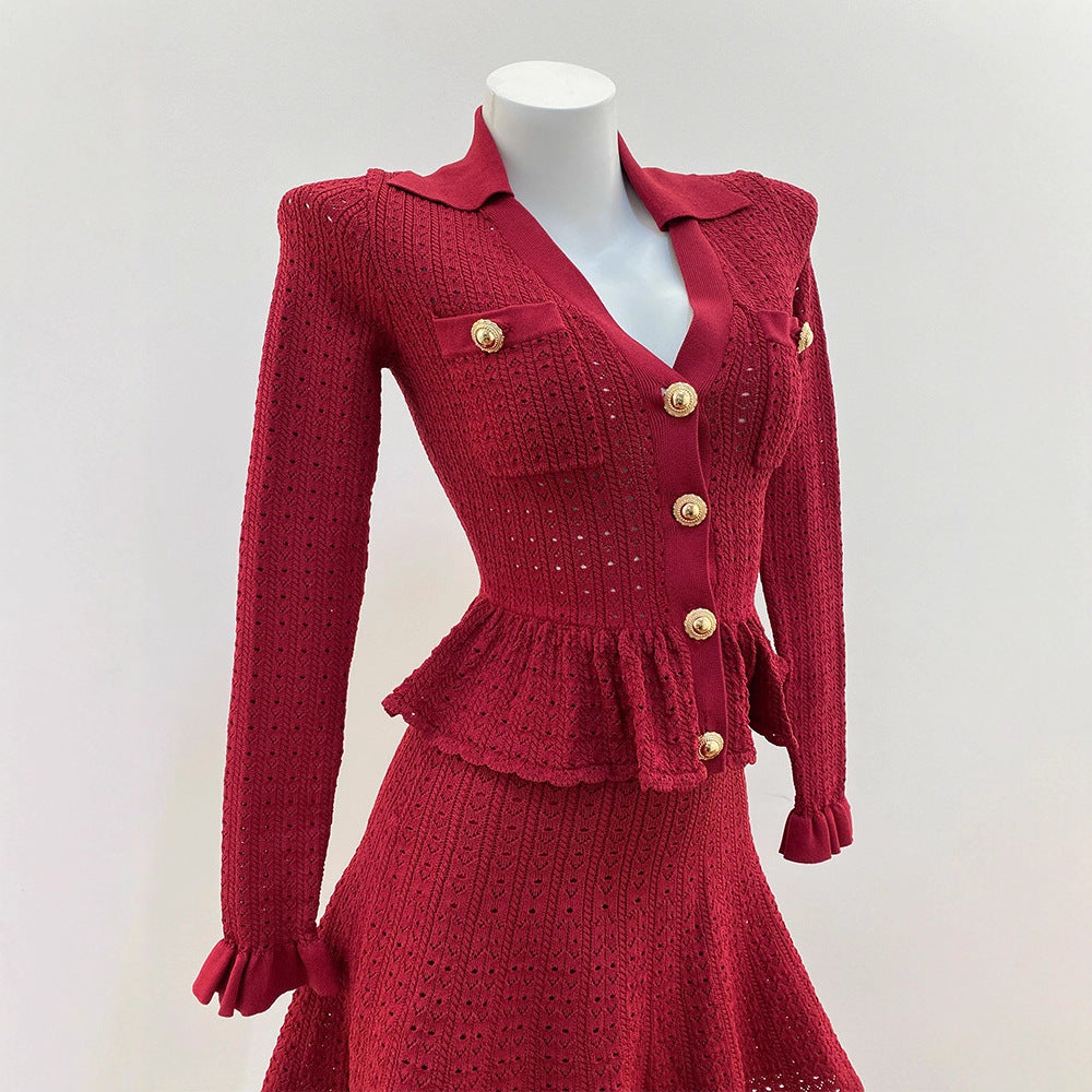 Elegant Wine Red Hollow Out Two-Piece Dress for Women