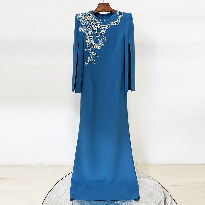 Split sleeve nail bead studded diamond long dress