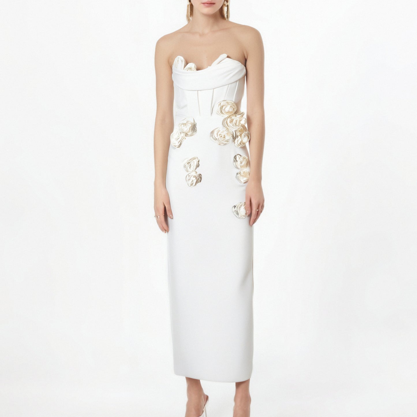 3D Rose Slim Fit Waist Slit Dress Celebrity Banquet Adult Evening Dress