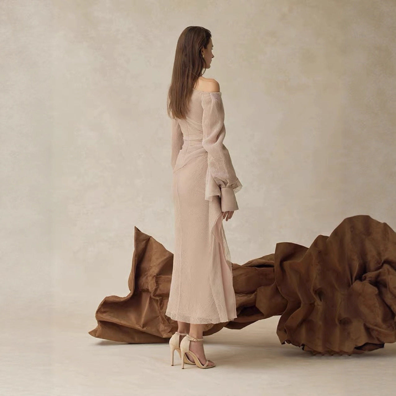 Gentle Style Pleated Long Sleeve Fitted Dress with Asymmetrical Shoulder, Elegant Designer Dress in Khaki