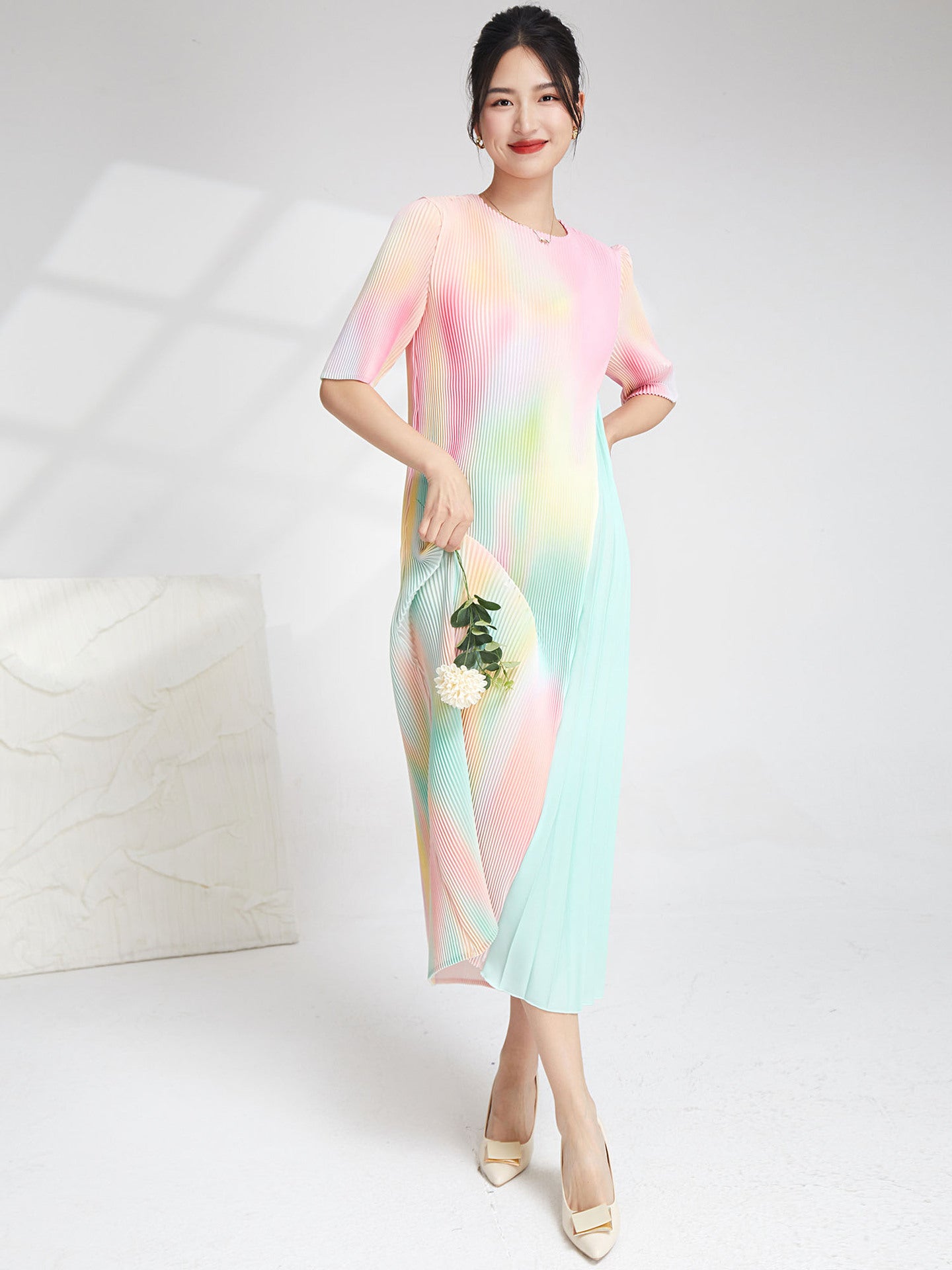Gradient Patchwork Pleated Dress For Women O-neck Half Sleeves Irregular Dresses Female Clothes