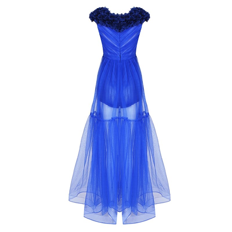 Trendy Appliques Design Blue Long Dress Women Sexy Deep V Neck Celebrity Party Club Dress