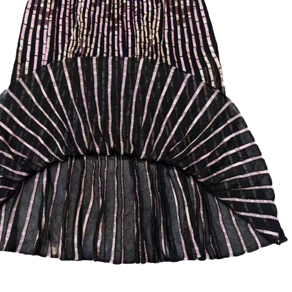 Retro temperament commuting color striped patchwork camisole pleated skirt long skirt fishtail dress