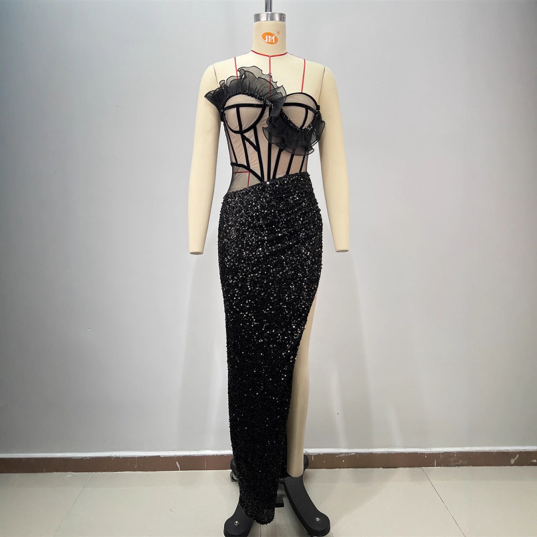 Women's Strapless Low Neck Sequined Pleated Hem Sleeveless High Slit Black Red Carpet Evening Fish Tail Dress