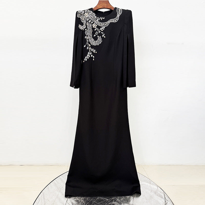 Split sleeve nail bead studded diamond long dress