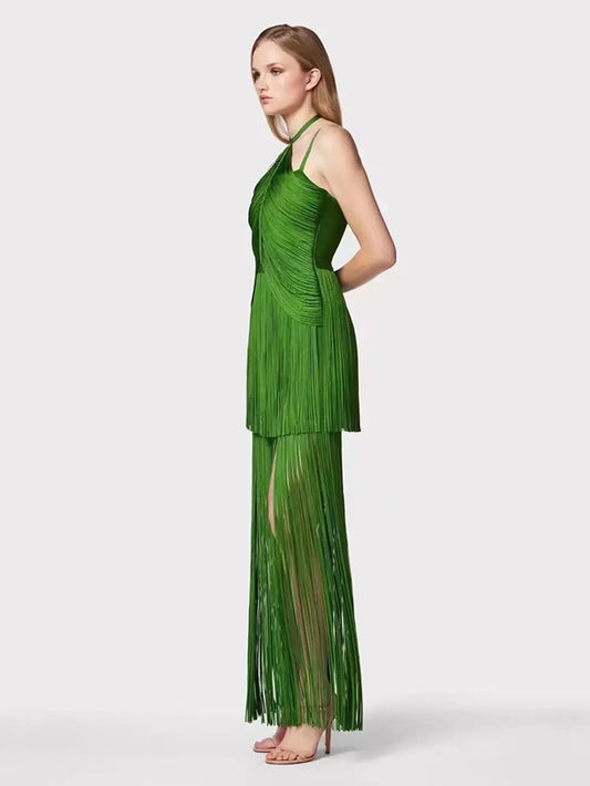 Green neckline suspender long skirt with tassel at the hem evening party dress