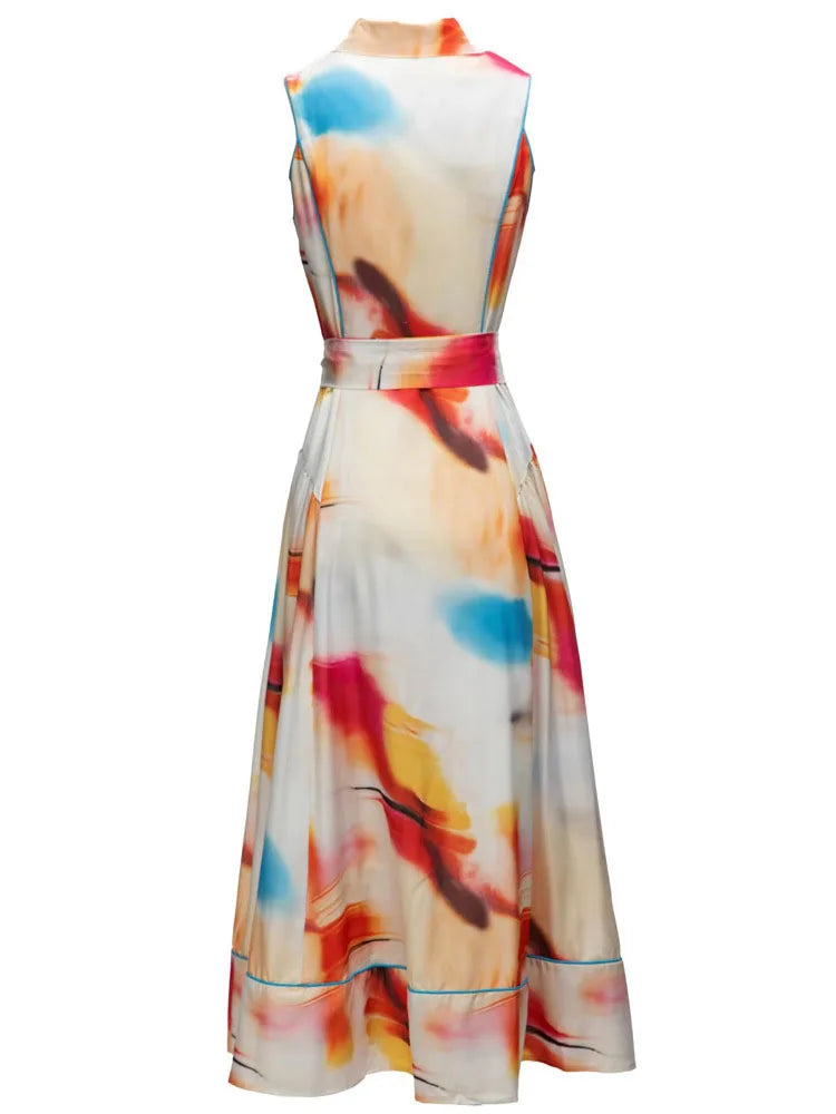 Single Breasted Lapel Print Draped Sleeveless Evening Dresses For Women Multi Elegant Light Luxury Dress