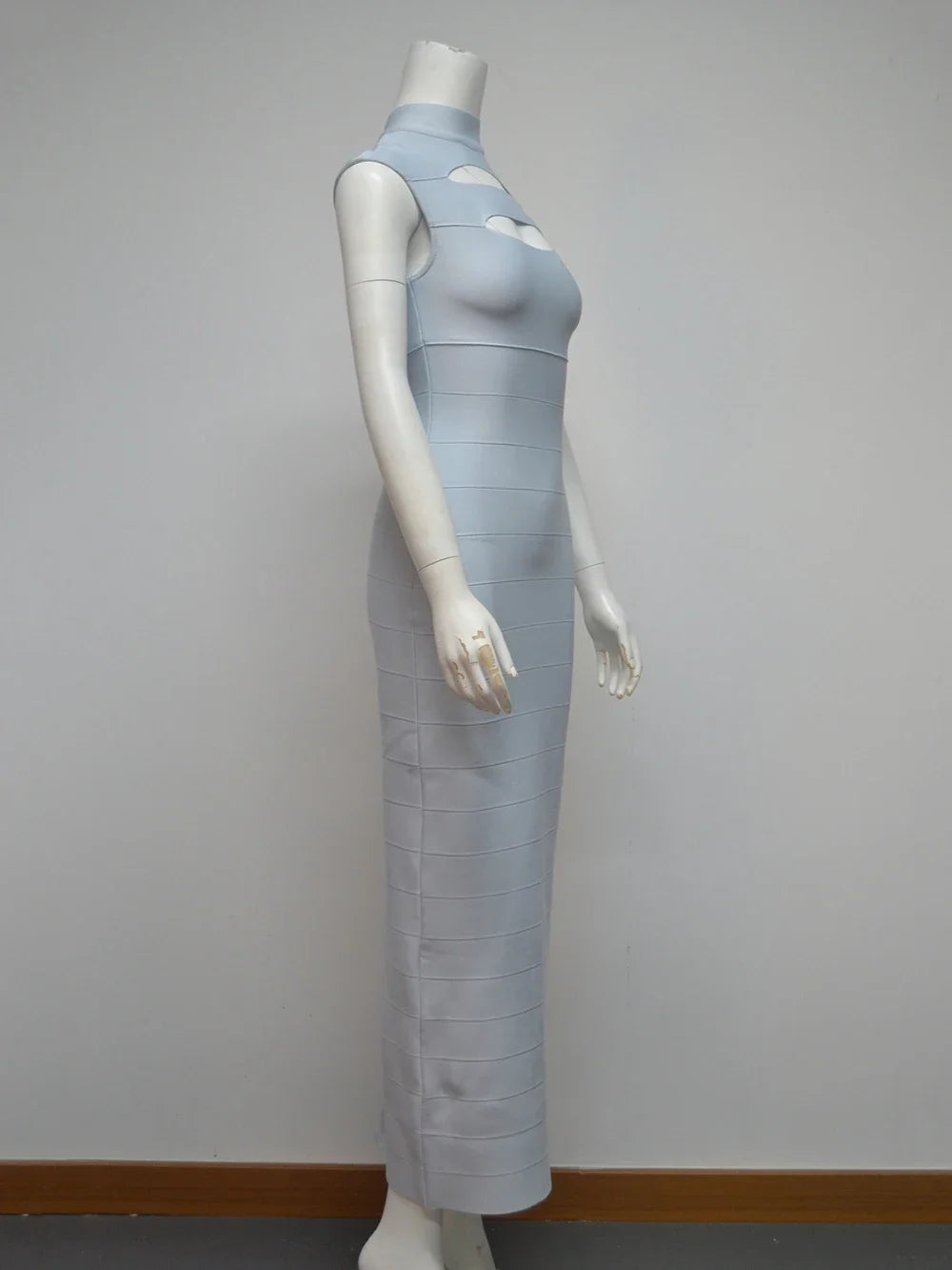 Grey Bandage Dress Women's Sleeveless Stand Collar Hollow Bodycon Celebrity Party Club Maxi Dress Vestidos