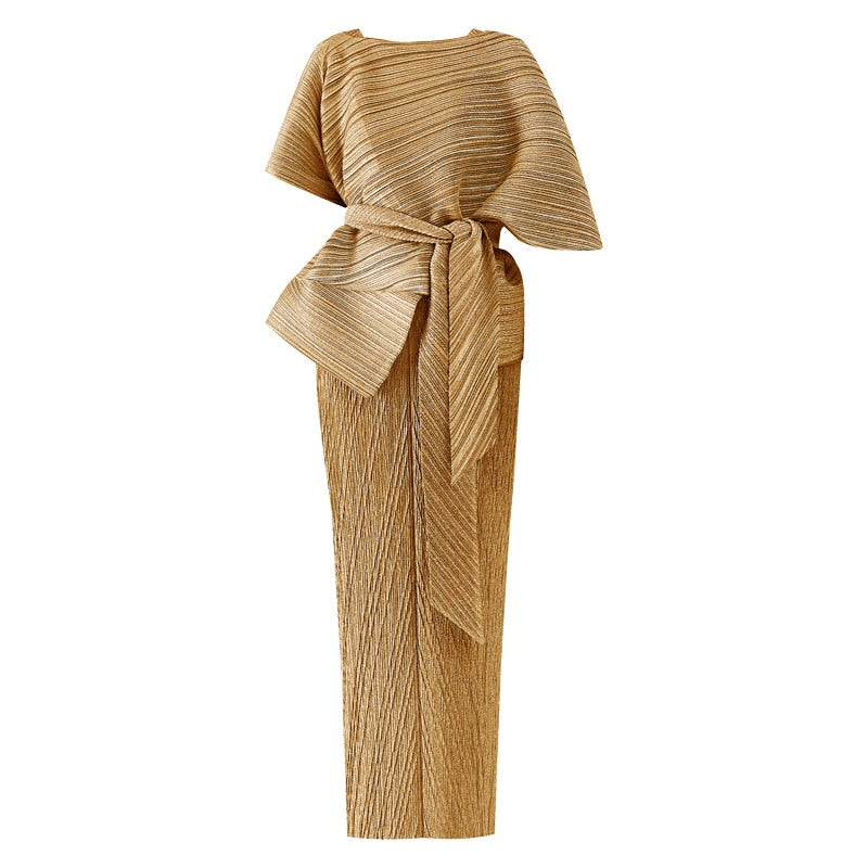 Pleated Dress Women's Two Piece Sling High Waist Lacing Elegant Ankel Length Banquet Formal New Summer Fashion