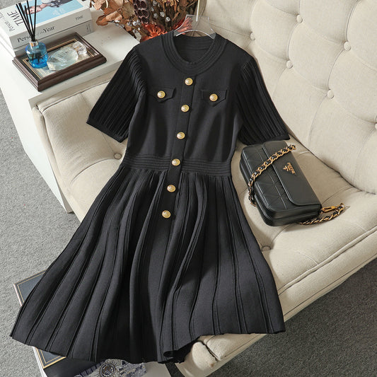Summer new style small fragrant dress with French temperament niche design pocket curved bead knitted skirt