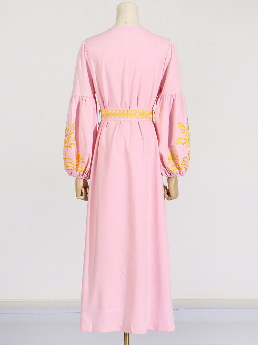 Literary retro style waist slimming lantern sleeve long dress printed lace-up long dress