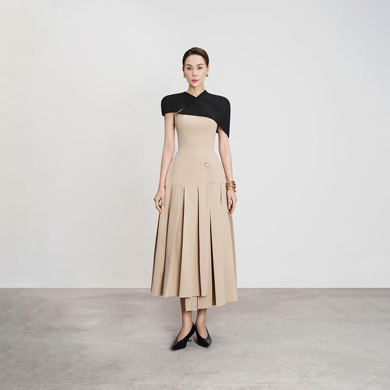 French Elegance Royal Style Long Dress Shoulder Cape Sleeveless Design Waist-Cinching Irregular Hem Women's Dress - CIANARA