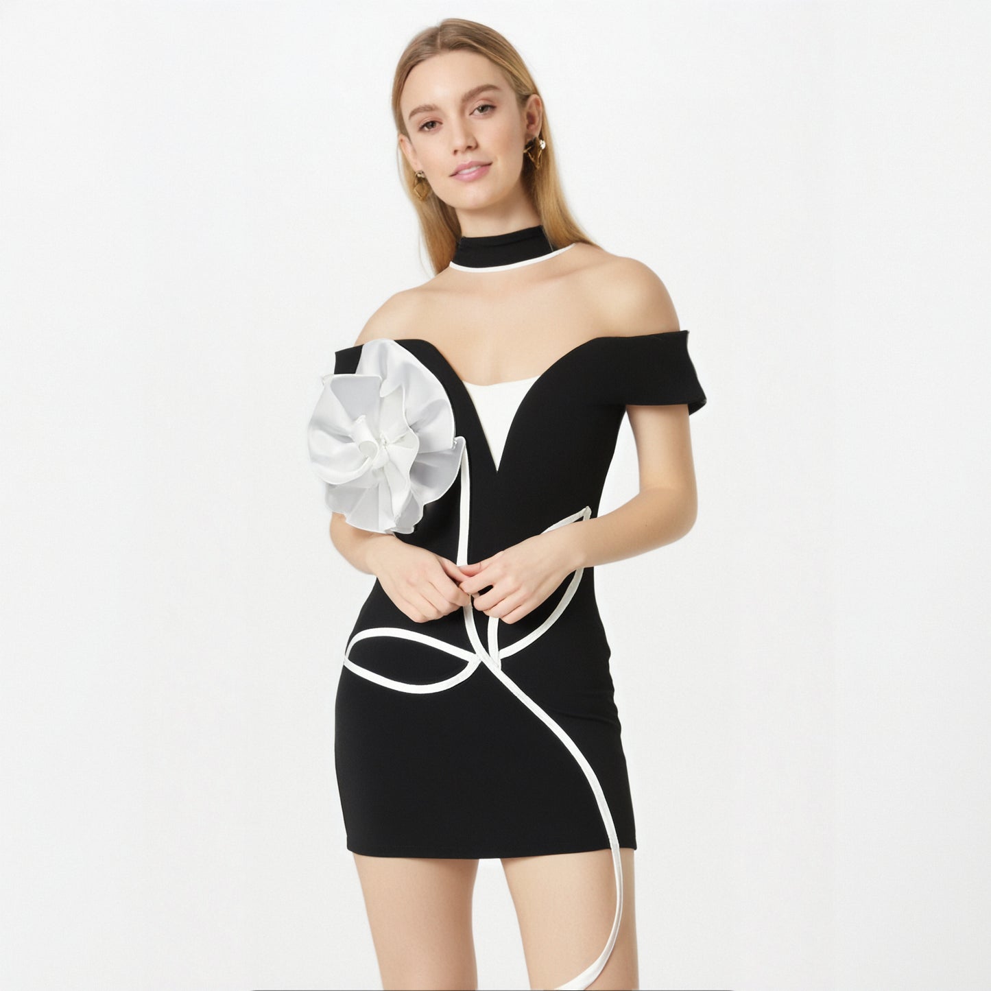 Sexy Off Shoulder 3D Flower Bandage Mini Dress Women Black Bodycon Short Dresses Fashion Cocktail Party Club Lady Vestido