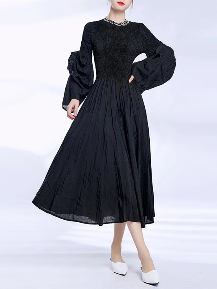 Pleated Round Collar Beading Dress Women Elegant Evening Party Fashion A Line Irregular Full Sleeve Medium Long