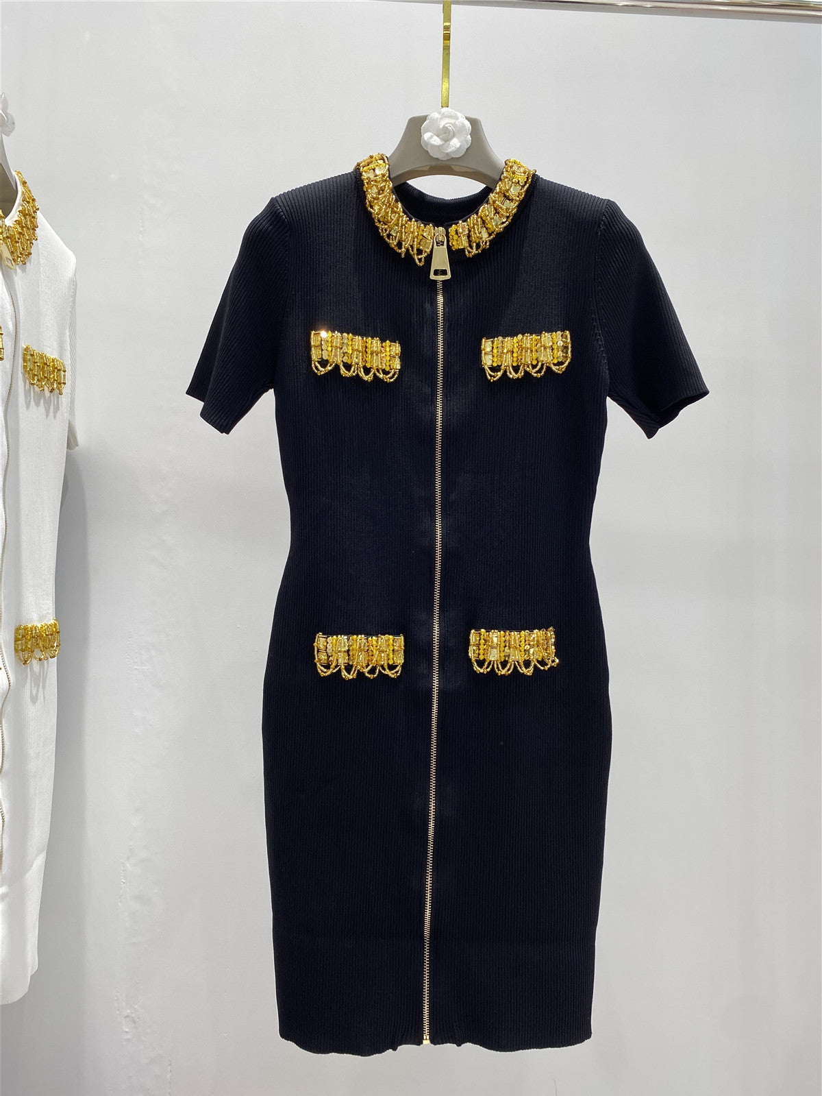 Golden nail bead sequin chain short sleeved dress for women with slim fit and goddess style